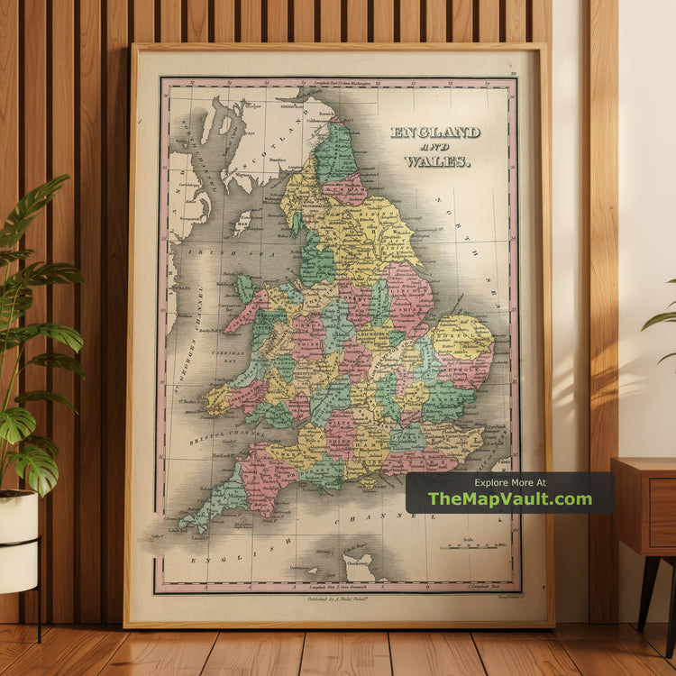 Old Map of the Counties of England & Wales in 1827 by Anthony Finley - Westmorland, Sussex, Rutland - unframed print in a room setting, view 1