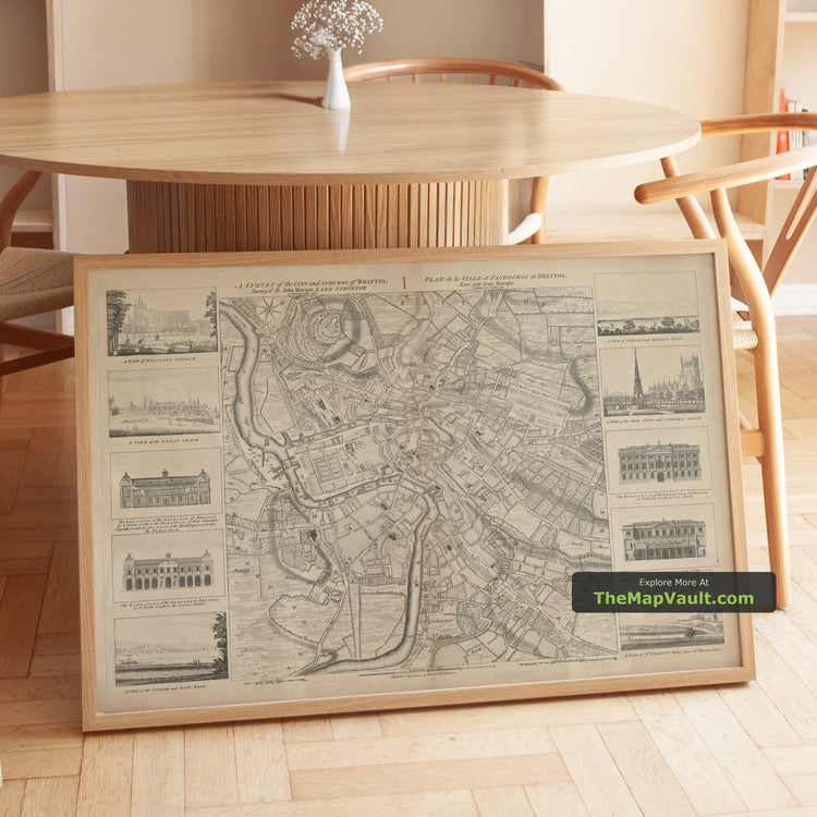 Old Map of Bristol in 1750 by John Rocque - Clifton, Redcliffe, Kingsdown - unframed print in a room setting, view 1