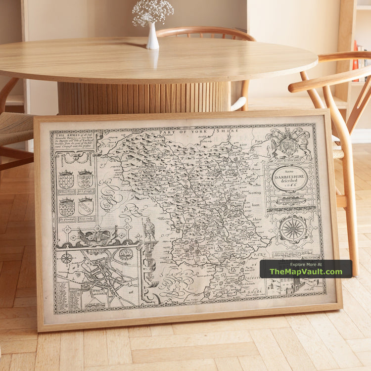 Old Map of Derbyshire in 1611 by John Speed - Derby, Chesterfield, Buxton - unframed print in a room setting, view 1