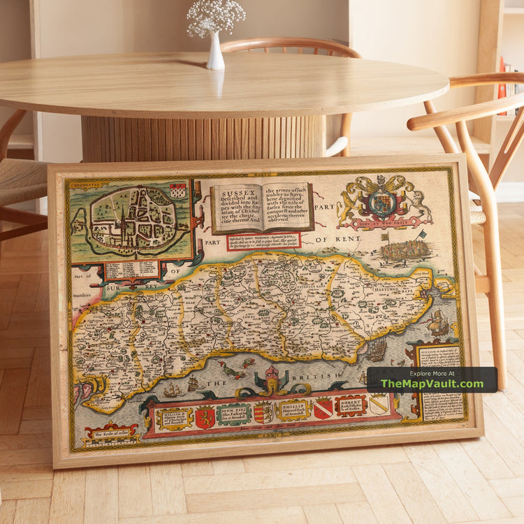 Old Map of Sussex in 1611 by John Speed - Brighton, Chichester, Lewes - unframed print in a room setting, view 1