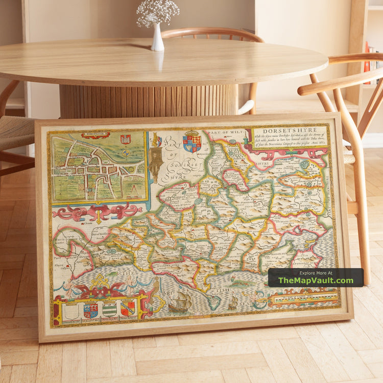 Old Map of Dorset in 1611 by John Speed - Poole, Weymouth, Dorchester - unframed print in a room setting, view 1