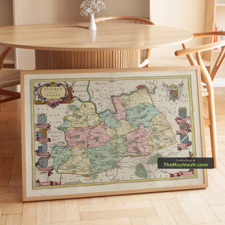 Old Map of Surrey in 1665 by Joan Blaeu - Guildford, Croydon, Kingston, Richmond - unframed print in a room setting, view 1