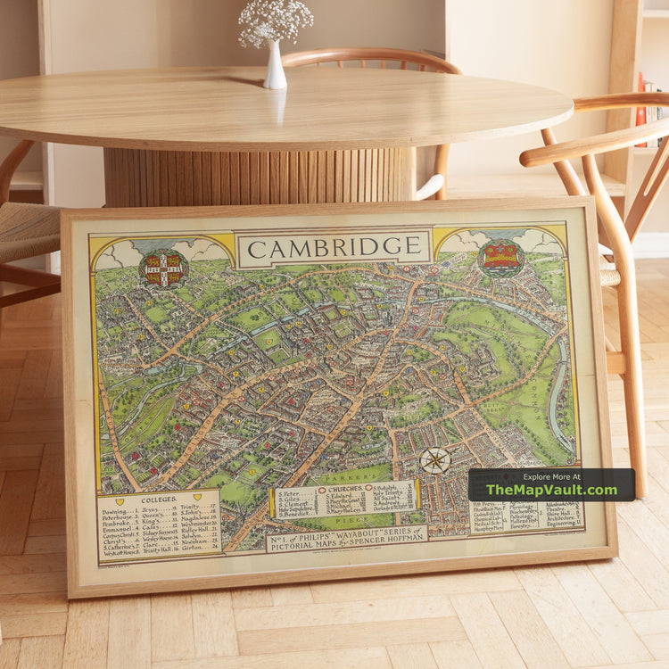 Old Map of Cambridge in 1929 by Spencer Hoffman - Trinity, King's, St John's Colleges - unframed print in a room setting, view 1
