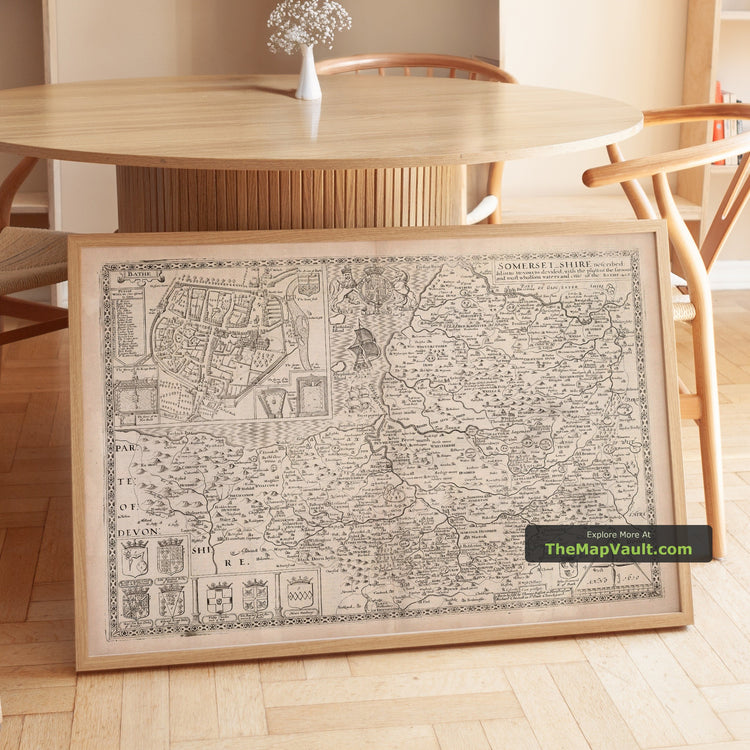 Old Map of Somerset in 1611 by John Speed - Wells, Glastonbury, Frome, Bridgwater - unframed print in a room setting, view 1