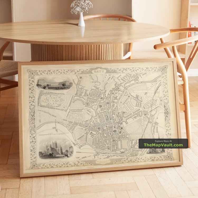 Old Map of Bath in 1851 by John Rapkin - The Circus, Royal Crescent, Bath Abbey - unframed print in a room setting, view 1