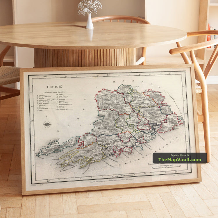 Old Map of County Cork in 1844 by Samuel Lewis - Cobh, Kinsale, Blarney Castle - unframed print in a room setting, view 1