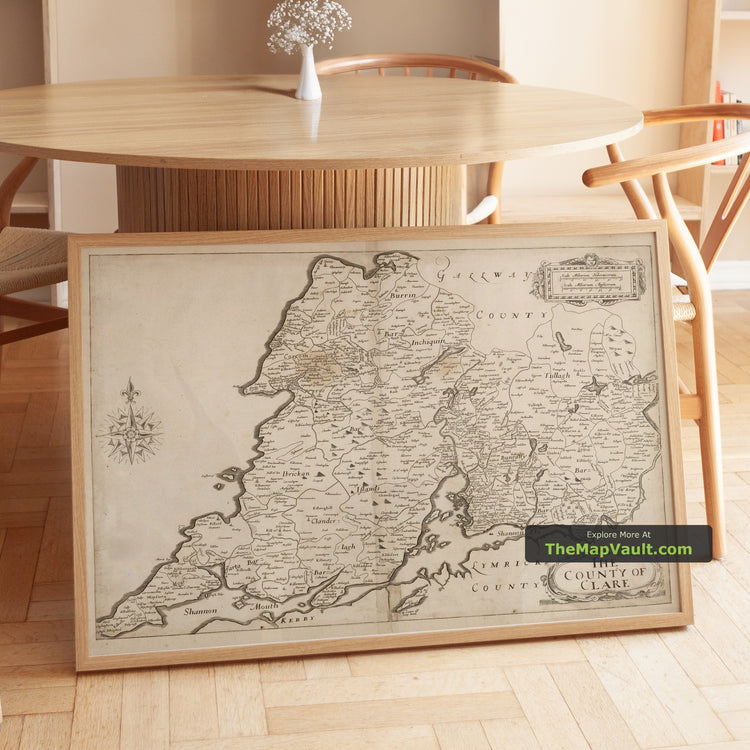 Old Map of County Clare in 1685 by Petty - Bunratty Castle, Cliffs of Moher, The Burren - unframed print in a room setting, view 1