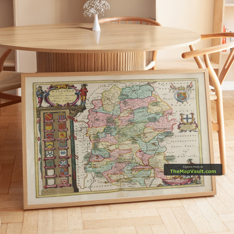 Old Map of Wiltshire in 1665 by Joan Blaeu - Salisbury, Stonehenge, Chippenham - unframed print in a room setting, view 1