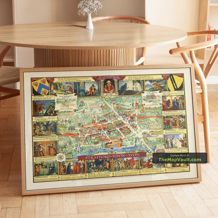 Old Pictorial Map of Stratford Upon Avon in 1948 by Kerry Lee - Shakespeare, Theatre, Nash's House - unframed print in a room setting, view 1