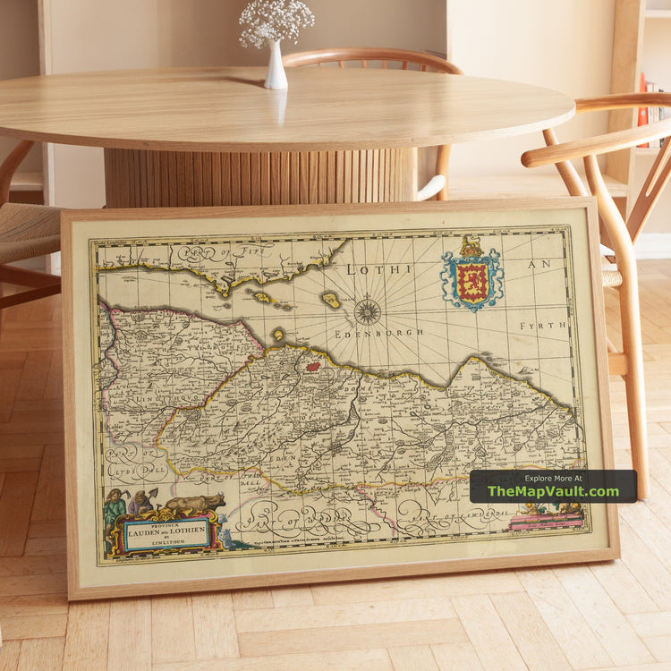 Old Map of Lothian & Edinburgh in 1690 by Valk & Schenk - Linlithgow, Firth of Forth, Haddington - unframed print in a room setting, view 1