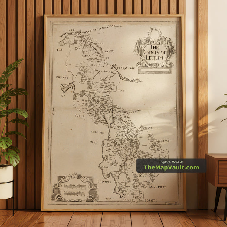 Old Map of County Leitrim in 1685 by Petty - Carrick-on-Shannon, Jamestown, Down Survey - unframed print in a room setting, view 1