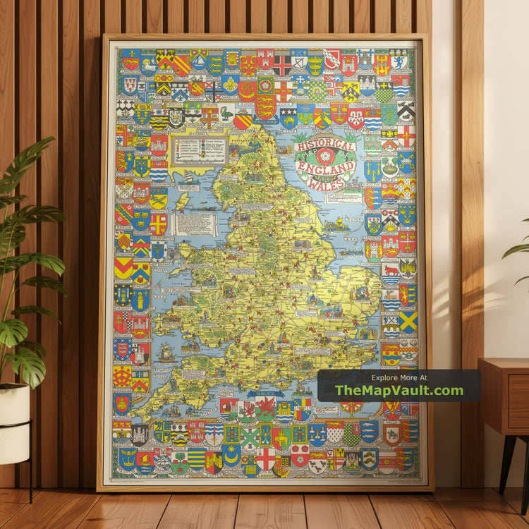Old Map of England & Wales in 1958 by L.G. Bullock - Battles, Castles, City Coats of Arms - unframed print in a room setting, view 1