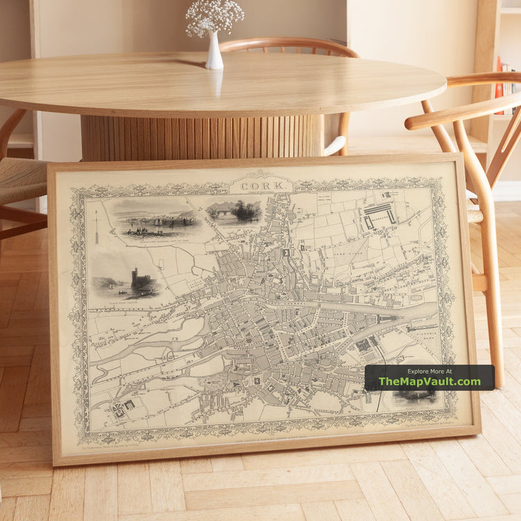 Old Map of Cork in 1851 by Tallis & Rapkin - River Lee, Popes Quay, Munster - unframed print in a room setting, view 1