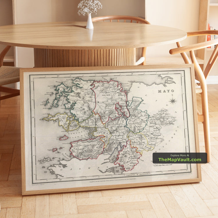 Old Map of County Mayo in 1844 by Samuel Lewis - Westport, Ballina, Castlebar - unframed print in a room setting, view 1