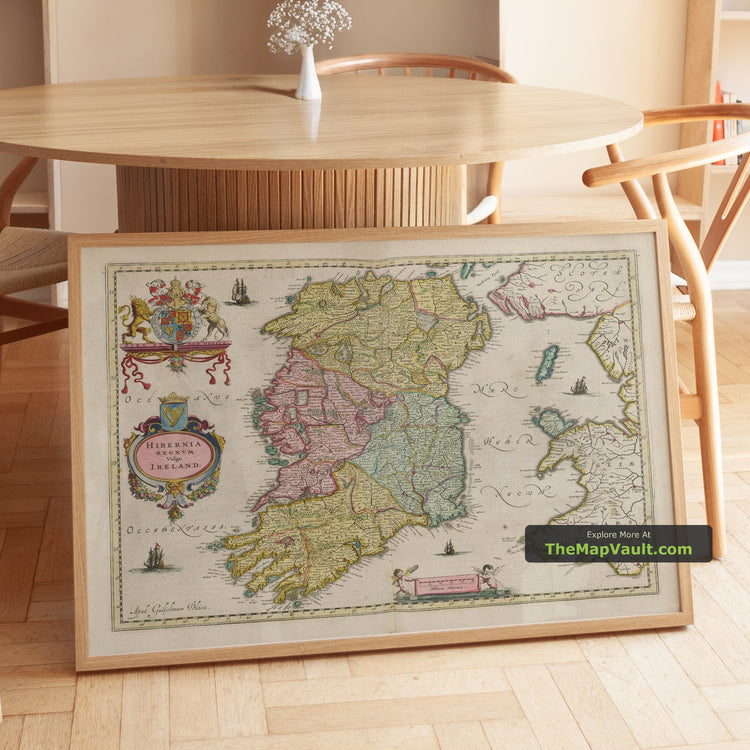 Old Map of Ireland, Hibernia in 1654 by Joan Blaeu - Dublin, Cork, Limerick - unframed print in a room setting, view 1