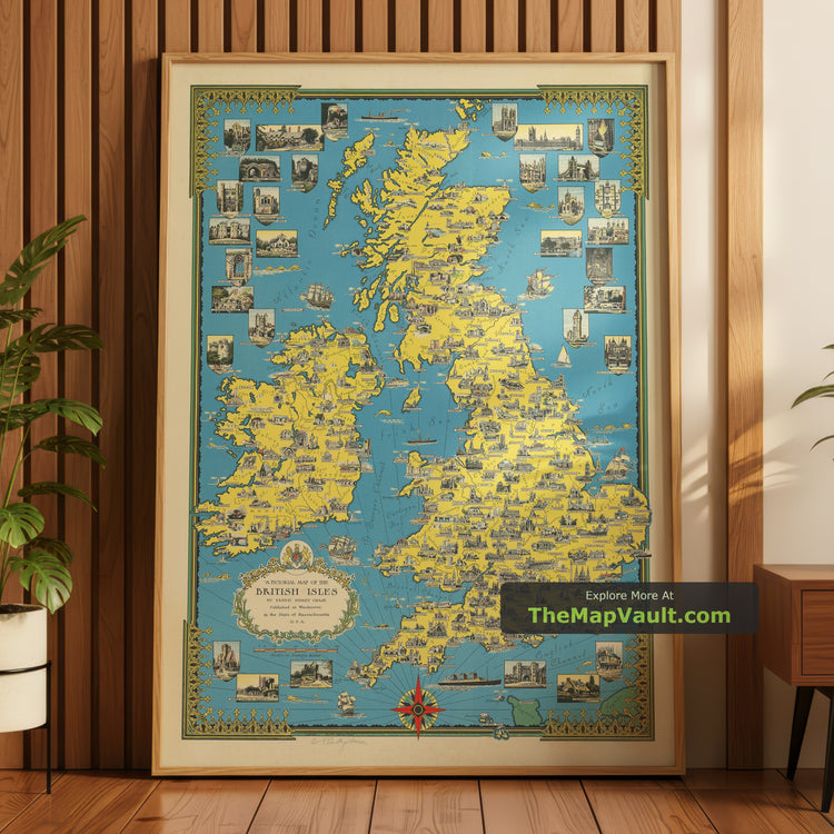 Old Pictorial Map of the British Isles in 1939 by Ernest Dudley Chase - London, Edinburgh, Dublin - unframed print in a room setting, view 1
