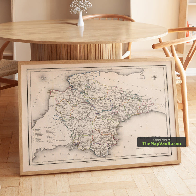 Old Map of Devon in 1844 by Samuel Lewis - Exeter, Plymouth, Torquay - unframed print in a room setting, view 1