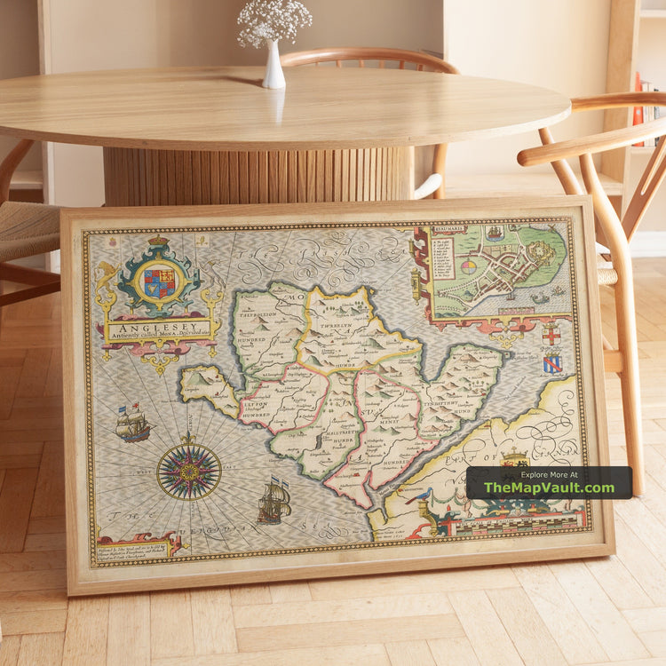 Old Map of Anglesey, Wales in 1611 by John Speed - Beaumaris, Holyhead, Bangor - unframed print in a room setting, view 1