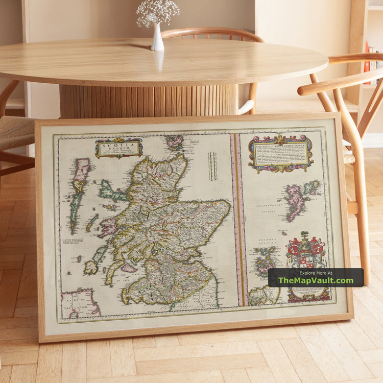 Old Map of Scotland, Shetland Isles and Orkney in 1654 by Joan Blaeu - Edinburgh, Glasgow - unframed print in a room setting, view 1