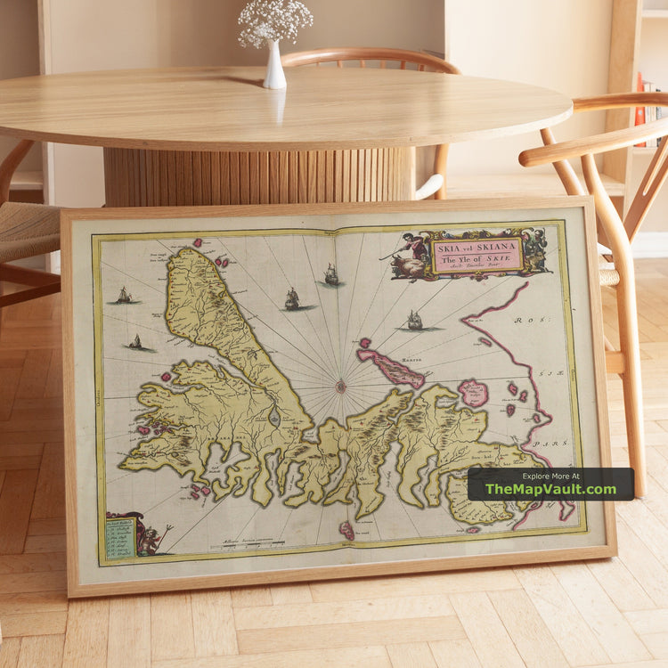 Old Map of the Isle of Skye in 1665 by Joan Blaeu - Portree, Dunvegan, Raasay - unframed print in a room setting, view 1