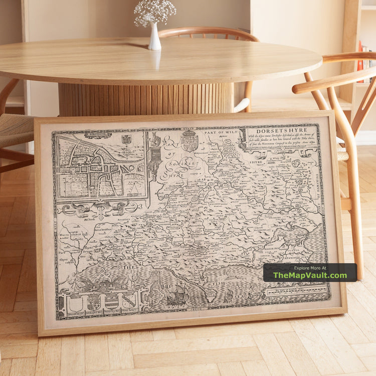 Old Map of Dorset in 1611 by John Speed - Bridport, Lyme Regis, Shaftesbury - unframed print in a room setting, view 1