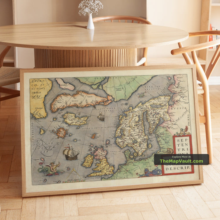 Old Map of the North Sea and Atlantic in 1575 by Abraham Ortelius - Iceland, Greenland, Scandinavia, Frisland - unframed print in a room setting, view 1