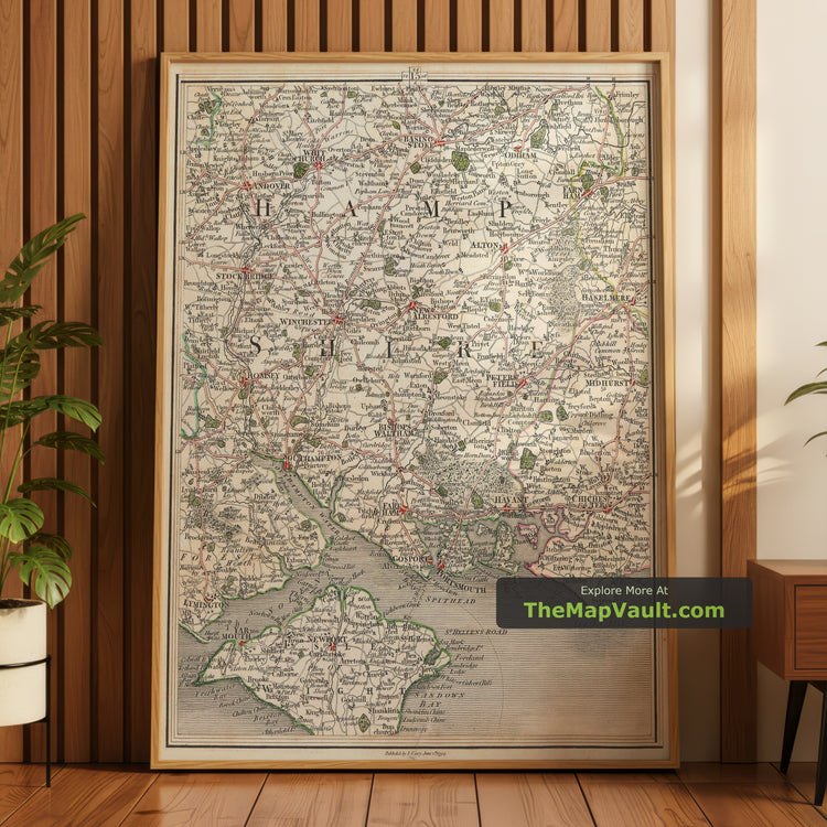 Old Map of Hampshire and Isle of Wight in 1794 by John Cary - Portsmouth, Southampton, Winchester - unframed print in a room setting, view 1