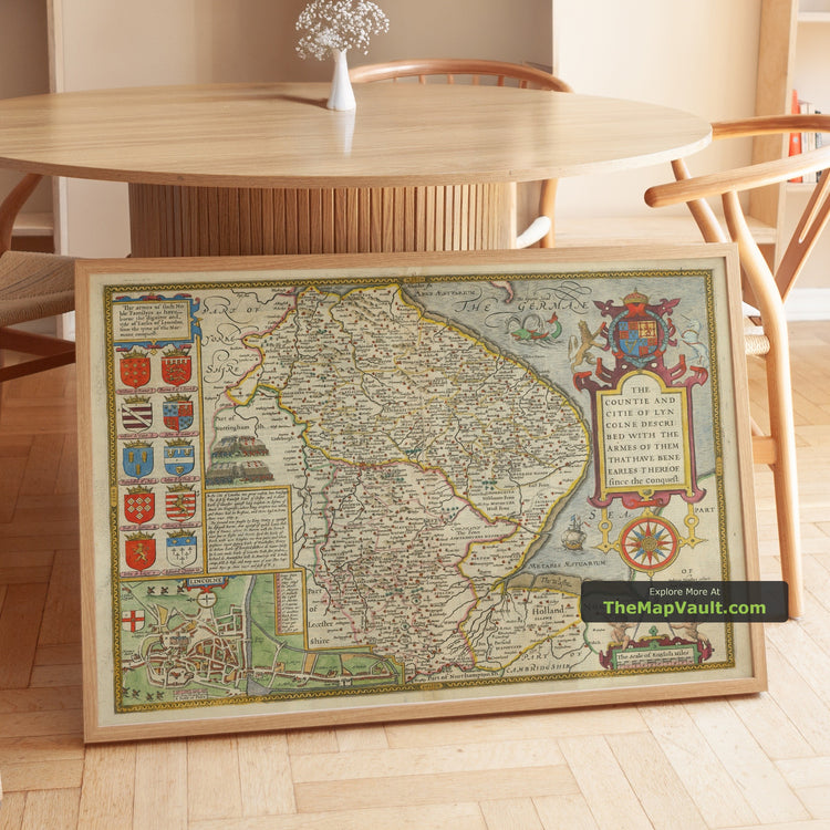 Old Map of Lincolnshire in 1611 by John Speed - Lincoln, Grimsby, Grantham, Boston - unframed print in a room setting, view 1