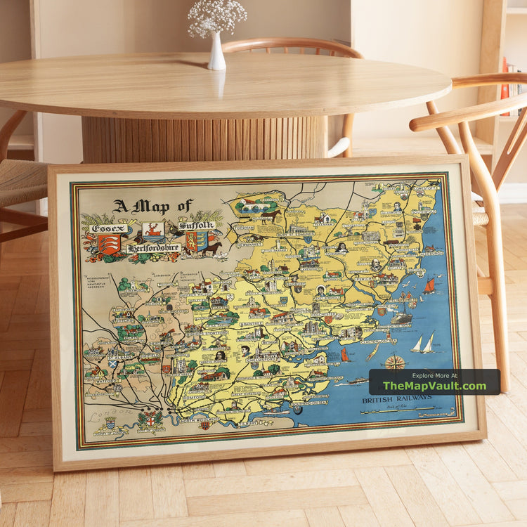 Old Pictorial Railway Map of Essex, Suffolk and Hertfordshire in 1948 - Colchester, Southend, St Albans - unframed print in a room setting, view 1
