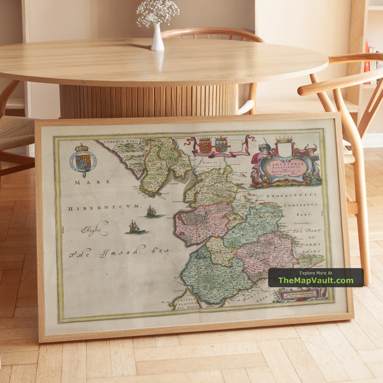 Old Map of Lancashire in 1654 by Joan Blaeu - Manchester, Liverpool, Preston, Blackburn - unframed print in a room setting, view 1