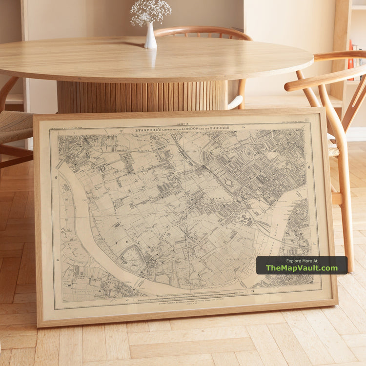 Old Map of West London in 1862 by Edward Stanford - Fulham, Brompton, Battersea, Hammersmith - unframed print in a room setting, view 1