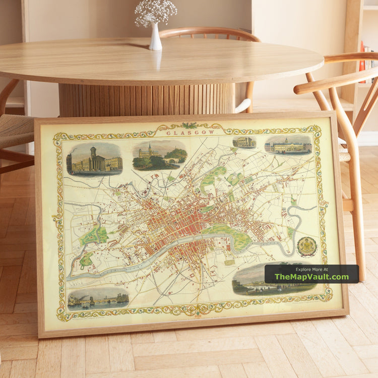 Old Map of Glasgow in 1851 by Tallis and Rapkin - Royal Exchange, Necropolis, River Clyde - unframed print in a room setting, view 1