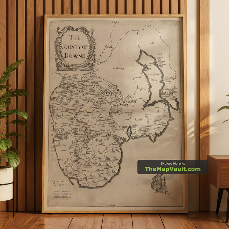 Old Map of County Down in 1685 by Sir William Petty - Bangor, Donaghadee, Hillsborough - unframed print in a room setting, view 1