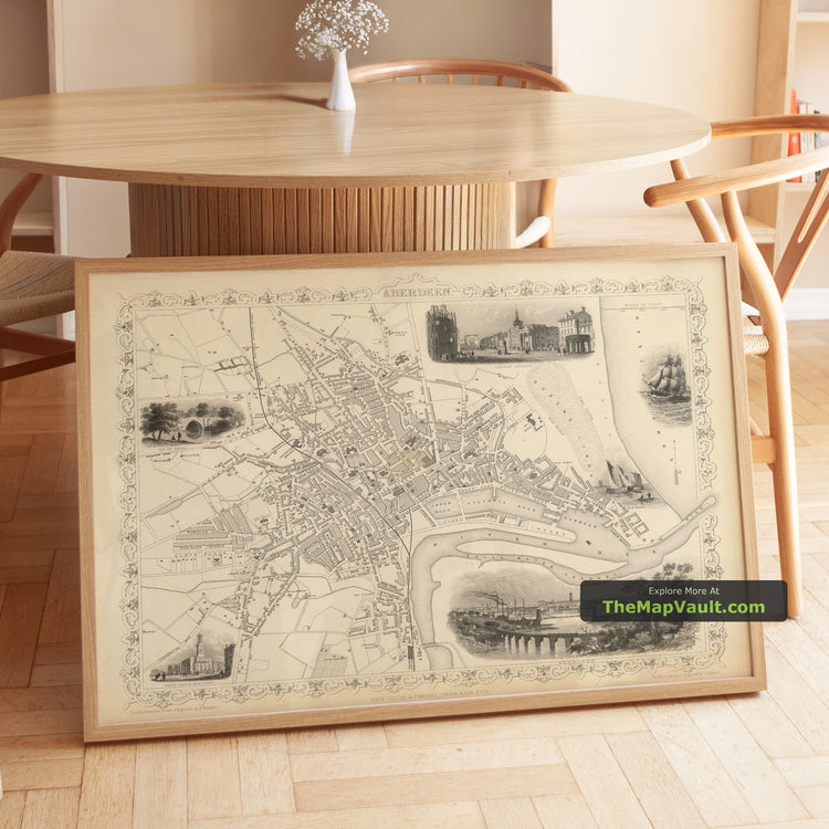 Old Map of Aberdeen in 1851 by Tallis and Rapkin - City Plan and Illustrated Views - unframed print in a room setting, view 1