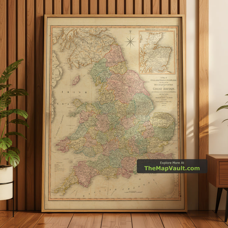 Old Map of Great Britain in 1801 by William Faden - Roads, Canals and Mail Coach Routes - unframed print in a room setting, view 1