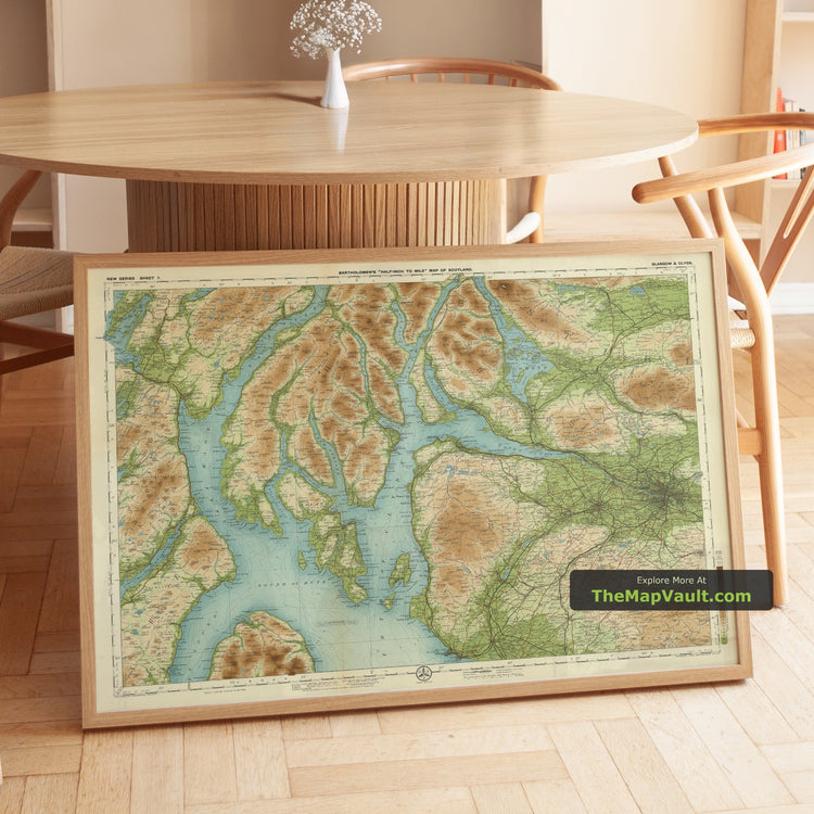 Old OS Map of Glasgow and Clyde in 1901 by Bartholomew - Loch Lomond, Firth of Clyde, Trossachs - unframed print in a room setting, view 1