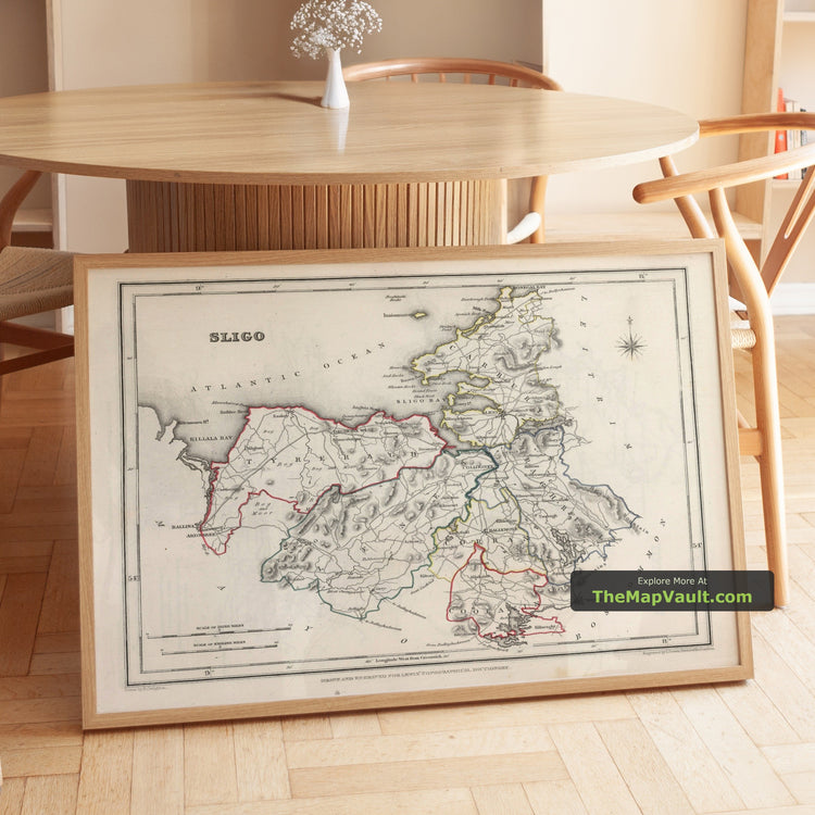 Old Map of County Sligo in 1844 by Samuel Lewis - Ballymote, Tubbercurry, Enniscrone, Rosses Point - unframed print in a room setting, view 1
