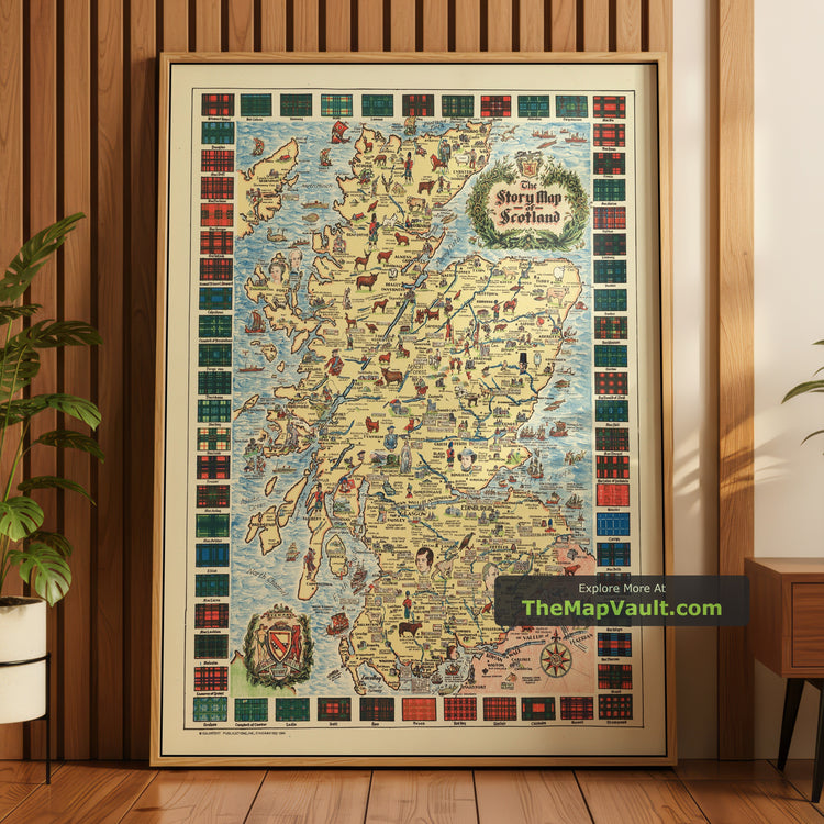 Old Pictorial Map of Scotland in 1935 - Edinburgh, Glasgow, Castles and Clan Tartans - unframed print in a room setting, view 1