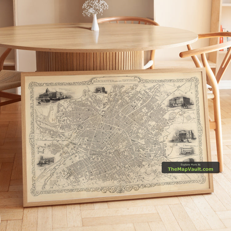 Old Map of Manchester in 1851 by John Rapkin - Town Hall, Royal Infirmary, Railway Stations - unframed print in a room setting, view 1