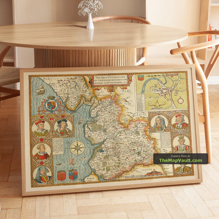 Old Map of Lancashire in 1611 by John Speed - Manchester, Liverpool, Furness and Windermere - unframed print in a room setting, view 1