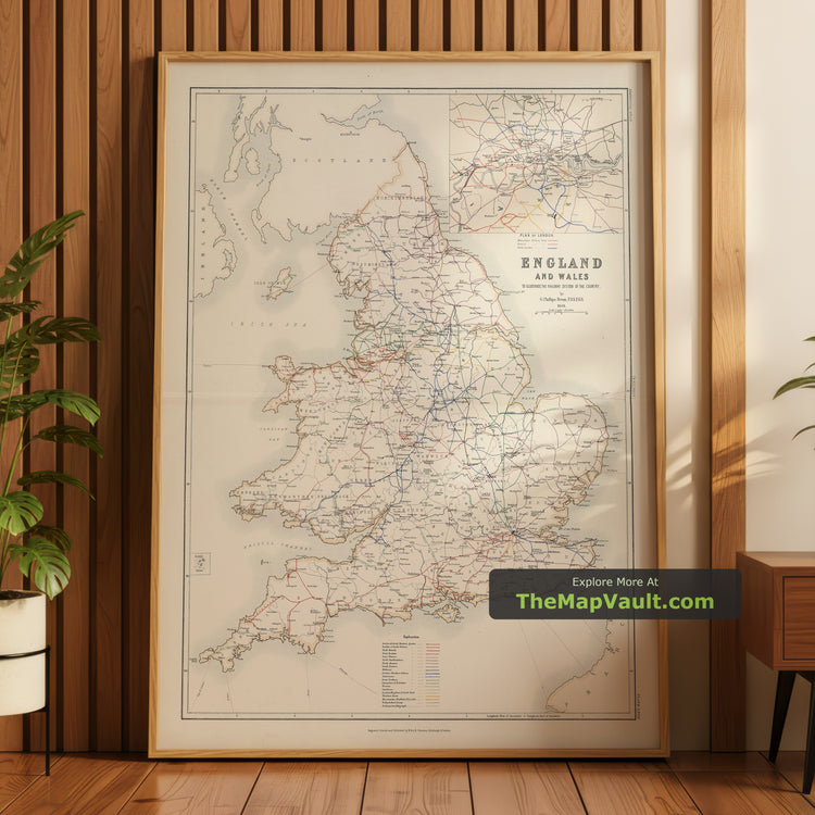 Old Railway Map of England and Wales in 1881 by A.K. Johnston - Great Western, Midland, LNWR - unframed print in a room setting, view 1