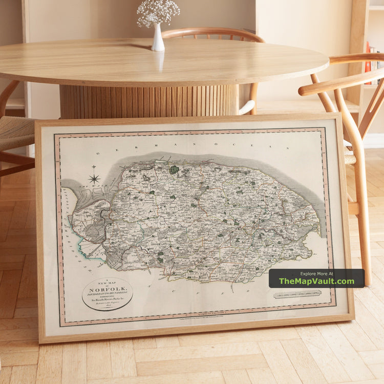 Old Map of Norfolk in 1807 by John Cary - Norwich, Cromer, Great Yarmouth, Thetford, King's Lynn - unframed print in a room setting, view 1