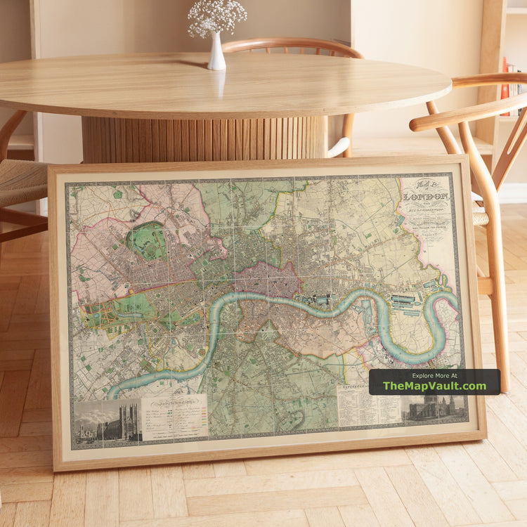 Old Map of London and Environs in 1822 by Thompson - Isle of Dogs, Bermondsey, Deptford, Covent Garden, Westminster - unframed print in a room setting, view 1