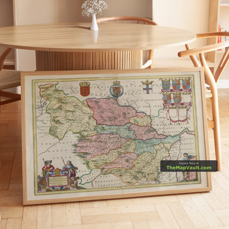 Old Map of West Yorkshire in 1665 by Joan Blaeu - York, Bradford, Sheffield, Leeds, Huddersfield, Halifax, Wakefield - unframed print in a room setting, view 1