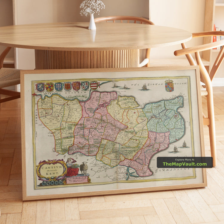 Old Map of Kent in 1665 by Joan Blaeu - Margate, Bromley, Canterbury, Maidstone, Tunbridge, Dartford - unframed print in a room setting, view 1