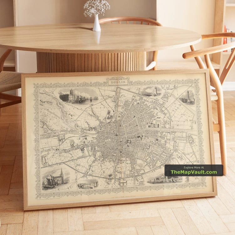 Old Map of Dublin, Ireland in 1851 by Tallis & Rapkin - Central Dublin, Temple Bar, Stoneybatter, Docklands, River Liffey, Leinster - unframed print in a room setting, view 1