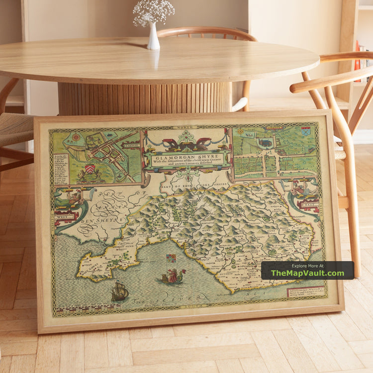 Old Map of Glamorgan, Wales in 1611 by John Speed - Cardiff, Swansea, Bridgend, Port Talbot, Barry - unframed print in a room setting, view 1
