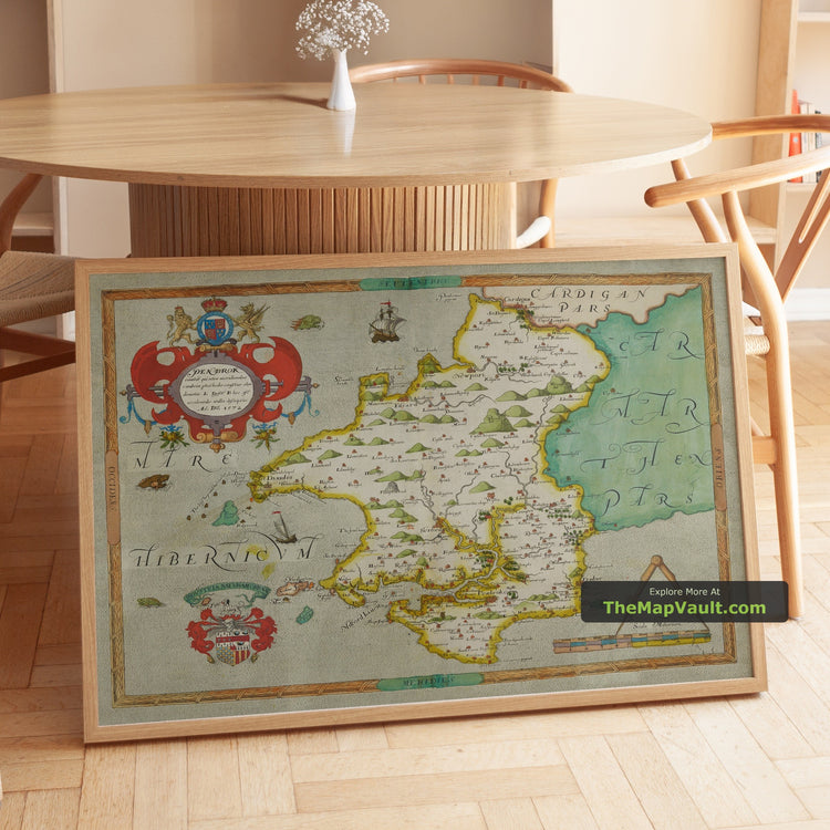 Old Map of Pembrokeshire, Wales in 1578 by Christopher Saxton - Pembroke, Newport, Cardigan, Fishguard, Haverfordwest - unframed print in a room setting, view 1