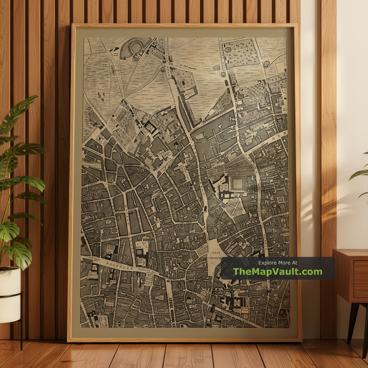 Old Map of London in 1746 by John Rocque, Sheet D1 - Holborn, Clerkenwell, Farringdon, Barbican, Westminster, Smithfield Market - unframed print in a room setting, view 1
