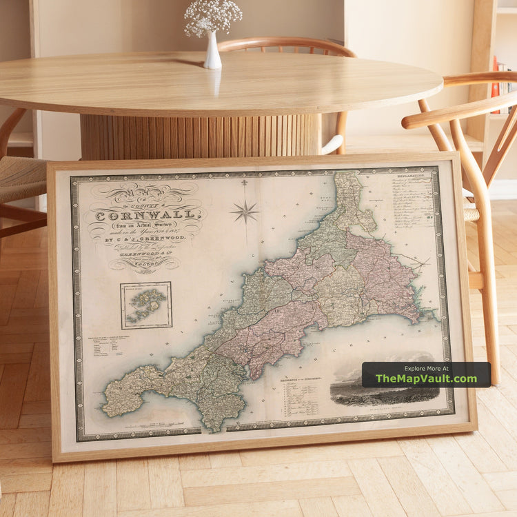 Old Map of Cornwall and the Isles of Scilly in 1829 by Greenwood & Co. - Penzance, St Ives, Plymouth, Land's End, Padstow - unframed print in a room setting, view 1